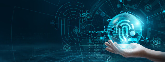 Biometric. Hand holding a biometric globe with network connecting data. Representation of digital technology, showcasing biometric authentication, data security, and personal identification.