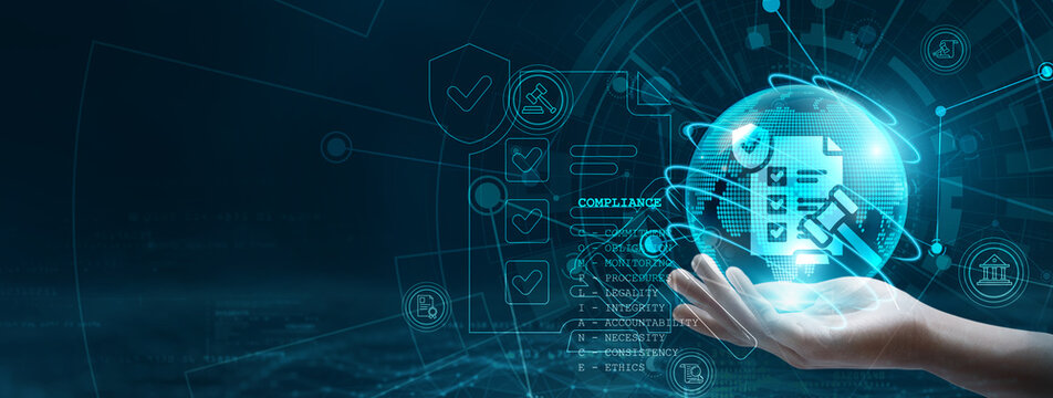 Compliance. Hand holding a globe with network connecting data. In the context of digital technology, compliance with data regulations is essential for maintaining security and trust in global networks