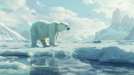 A polar bear standing on melting ice, highlighting the impact of global warming on Earth polar regions.