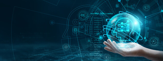 Hand holding a globe with network connecting data, symbolizing the integration of digital technology, analytics, and business intelligence (BI) to drive decision-making and innovation.