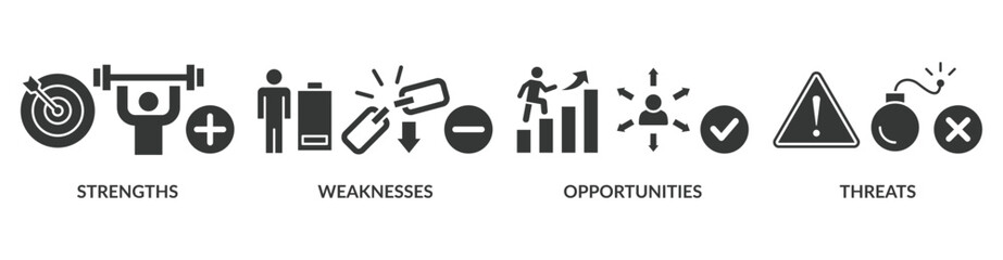 SWOT banner web icon vector illustration concept for strengths, weaknesses, threats and opportunities analysis with an icon of value, goal, break chain, low battery, growth, check, minus, and crisis