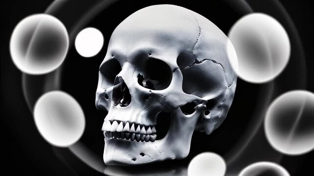 A black and white human skull, surrounded by swirling, abstract light patterns. X-ray scull. Logo, intro, halloween background