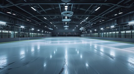 Fototapeta premium A quiet ice rink under the glow of spotlights, showcasing the sleek, glistening surface.