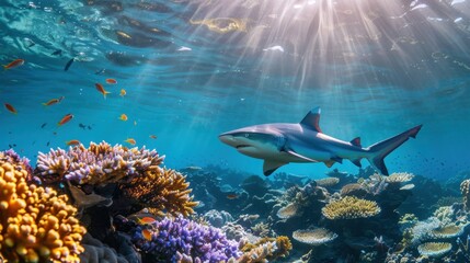 Obraz premium A reef shark swimming near a coral reef, representing the balance of predator and prey in marine environments.