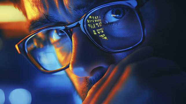 A man's intense gaze, illuminated by the glow of data reflected in his glasses. Decoding the future in the digital age