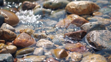 A river flowing over smooth stones, with the water glistening in the sunlight, creating a tranquil natural scene.