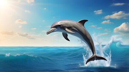 Dolphins leaping against the sea backdrop