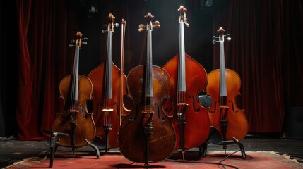 A set of string quartet instruments arranged on a stage, including a violin, viola, cello, and...