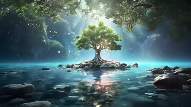 A magical tree in the middle of a fairyland lake with fireflies. Seamless 4K looping timelapse video animation background
