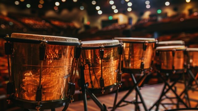A set of orchestral timpani drums arranged in a concert hall, with polished copper surfaces reflecting stage lights.