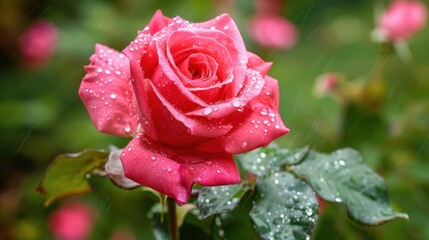 A single rose in bloom, dew-kissed petals