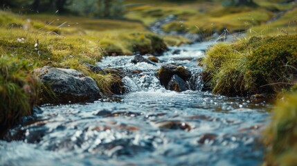 Fototapeta premium A small stream trickling into a larger river, illustrating the interconnectedness of waterways in a natural landscape.