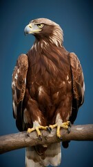 Obraz premium Martial Eagle Perched on Branch on Blue Background, Realistic Photo, Pattern Background, Wallpaper, Cover and Screen of Smartphone, Cell Phone, Computer, Laptop