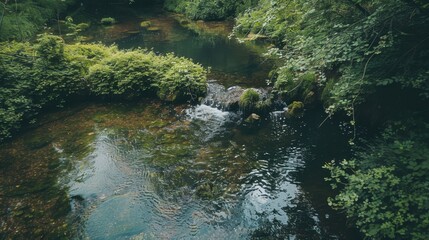 A small stream trickling into a larger river, illustrating the interconnectedness of waterways in a natural landscape.