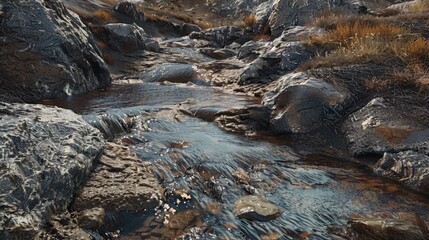 A stream flowing through a rocky terrain before joining a river, capturing the journey of water from small beginnings to larger bodies.