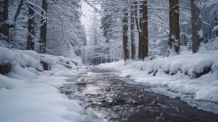 Fototapeta premium A stream flowing through a snowy forest, with ice forming along the edges of the water, creating a winter wonderland.
