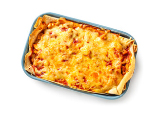 Baking dish with tasty enchilada on white background