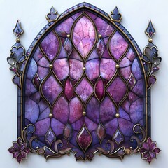 Elegant Gothic-style stained glass window featuring large purple flowers and intricate detailing, set against a rich blue and violet background.. Lavender.