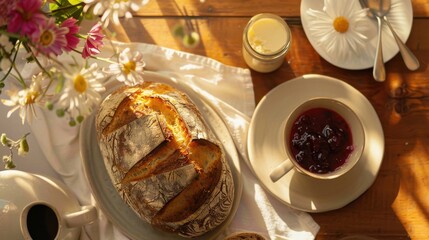 A table setting with a loaf of bread, butter, and jam, ready for a cozy breakfast.
