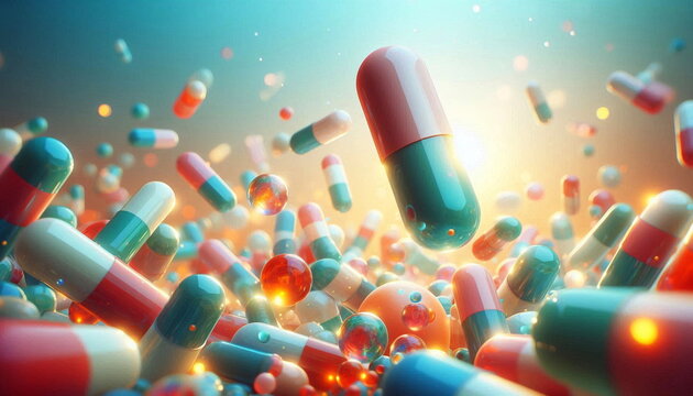 group of colorful medicine flying capsules on soft blue background