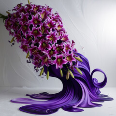 A lavishly arranged, cascading bouquet of bright, velvety purple lilies