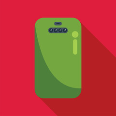 Green smartphone back side having four camera lenses is casting shadow on red background