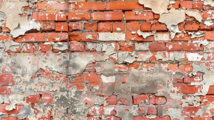 Aged red brick wall with peeling paint.