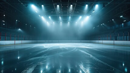 An empty ice rink with spotlights creating a moody and atmospheric scene.