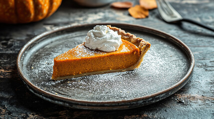 A Slice of Pumpkin Pie on Rustic Plate Autumn Thanksgiving Concept