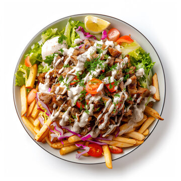 a plate of food with french fries and a salad