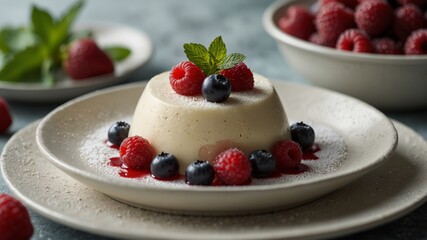 a creamy panna cotta served on a white ceramic plate