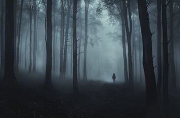 A misty, dark forest with tall trees and a solitary figure in the distance. The scene conveys a mysterious, haunting atmosphere.