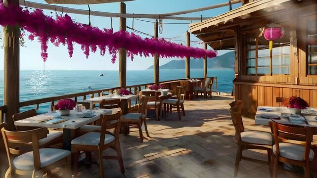 A vintage themed aesthetic cafe restaurant with purple bougainvillea flower decoration and ocean view. Seamless 4K looping timelapse video animation background