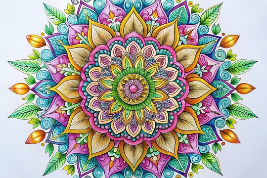 Intricately designed, vibrant, and symmetrical hand-drawn mandala with floral patterns, geometric shapes, and delicate lines, created with markers on a white background.
