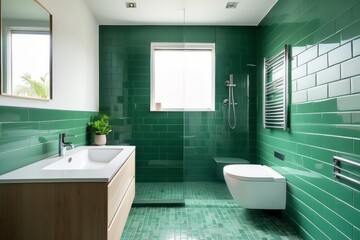 Modern Bathroom with Green Tile and Glass Shower Enclosure