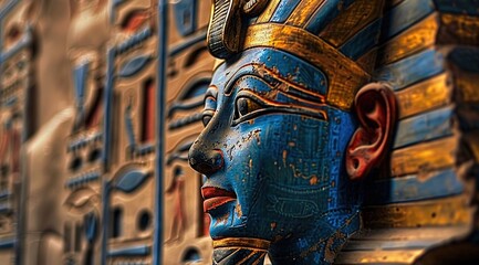 Obraz premium A close-up of an ancient Egyptian pharaoh's mask, intricately carved in blue and red hues with golden accents