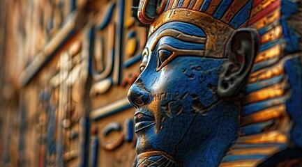 
A close-up of an ancient Egyptian pharaoh's mask, intricately carved in blue and red hues with golden accents