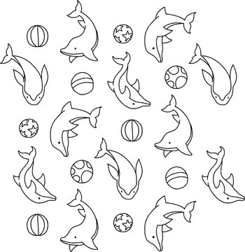 Set of dolhin line icon. Hand drawn vector illustration. Outline bottlenose isolated on white background.