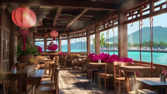 A vintage themed aesthetic cafe restaurant with purple floral decoration and ocean view. Seamless 4K looping timelapse video animation background