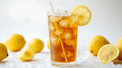 Glass of Iced Tea with Lemon Slice and Straw Photo