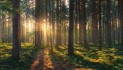 Fototapeta premium A tranquil forest with sunlight streaming through tall trees, casting a warm glow on the path and foliage.