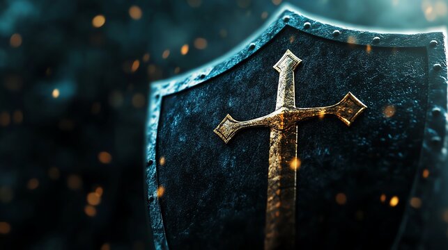 A close-up of a knight's shield featuring a golden cross, set against a dramatic, dark background with glowing particles.