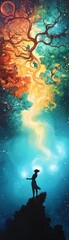 Fototapeta premium A mystical scene of a figure standing on a rock, surrounded by vibrant colors and celestial elements, evoking a sense of wonder.