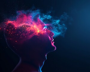 A surreal representation of human consciousness, featuring vibrant colors and cosmic elements emerging from a person's head.