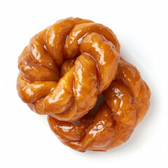 a couple of glazed donuts on a white surface