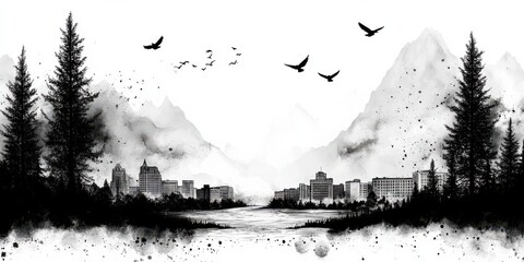 Black and White Mountain Village Scene with Birds Flying Above: An Ink Wash Art Depicting a Calm, Rustic Escape in a Natural Landscape Setting