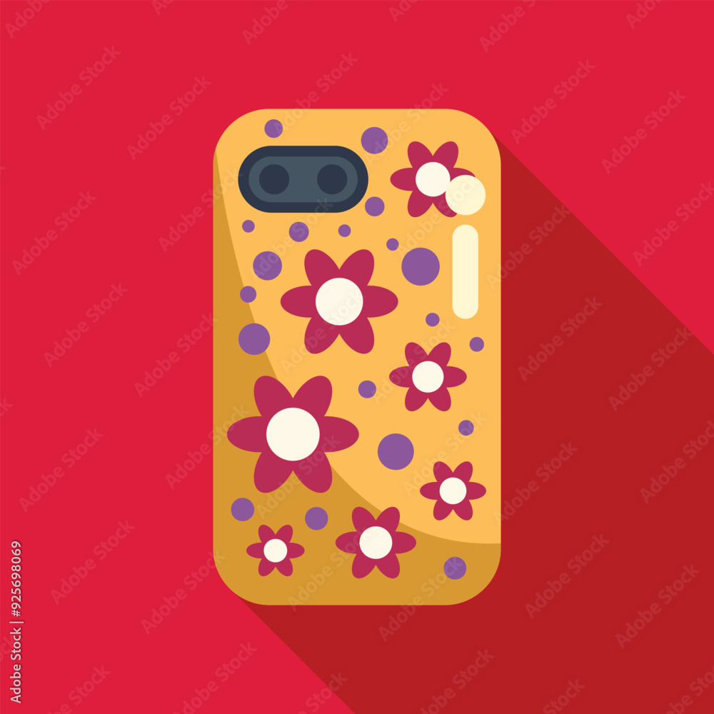 Poster image of a yellow phone case with floral pattern showing camera lens over a red background