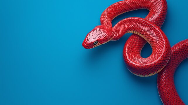 A striking red snake coiled on a blue background, emphasizing contrast and the beauty of reptiles