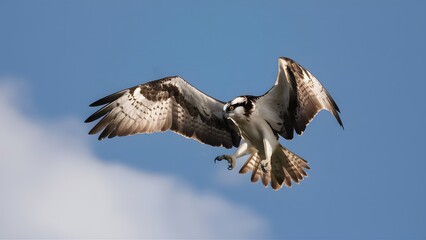 Obraz premium Osprey Flying with Blue Sky Background, Realistic Photo, Pattern Background, Wallpaper, Cover and Screen for Smartphone, Cell Phone, Computer, Laptop
