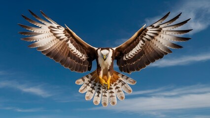 Fototapeta premium Osprey Flying with Blue Sky Background, Realistic Photo, Pattern Background, Wallpaper, Cover and Screen for Smartphone, Cell Phone, Computer, Laptop